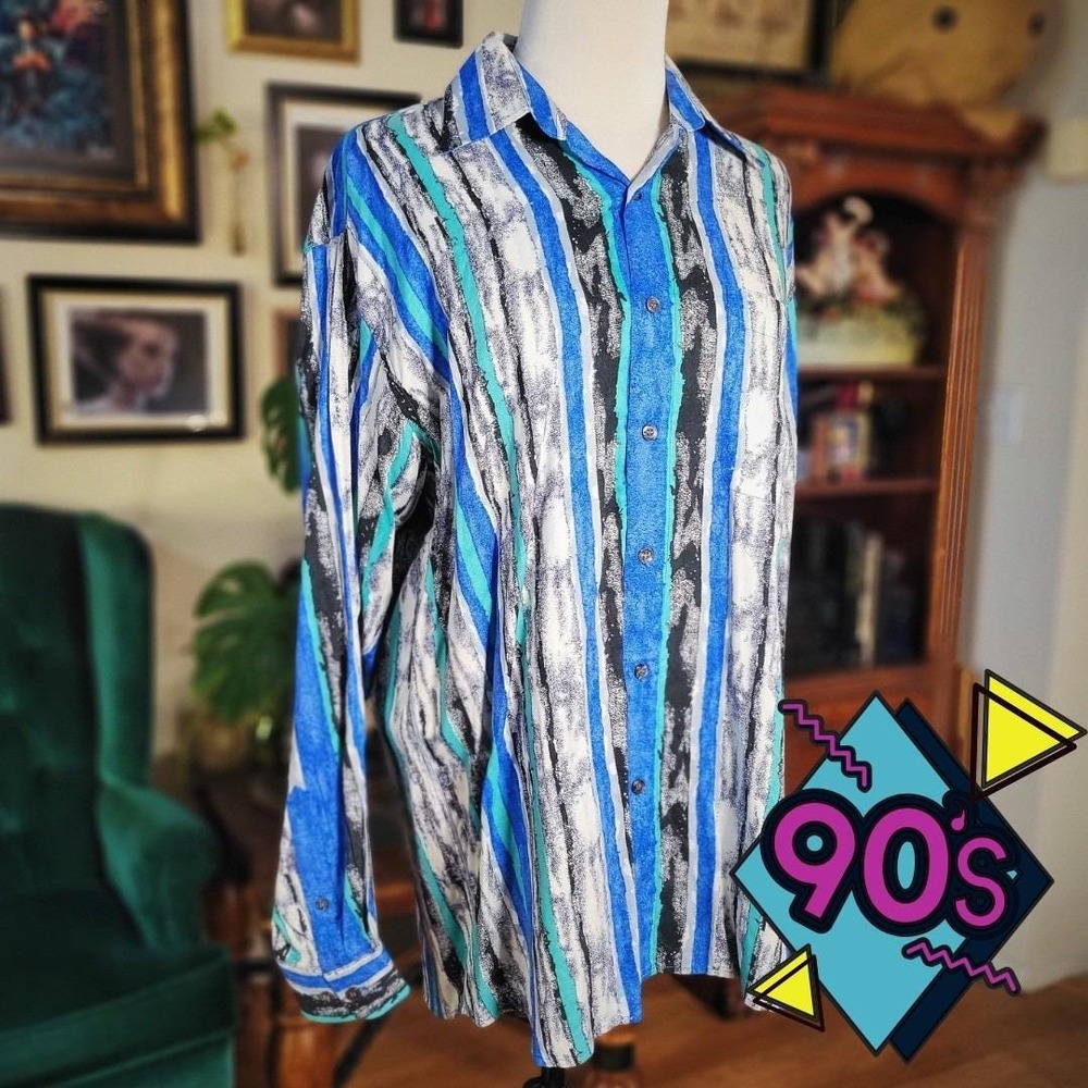 Donelli Striped‎ Shirt Abstract Vintage 90s Button Up Blue Black White Size M